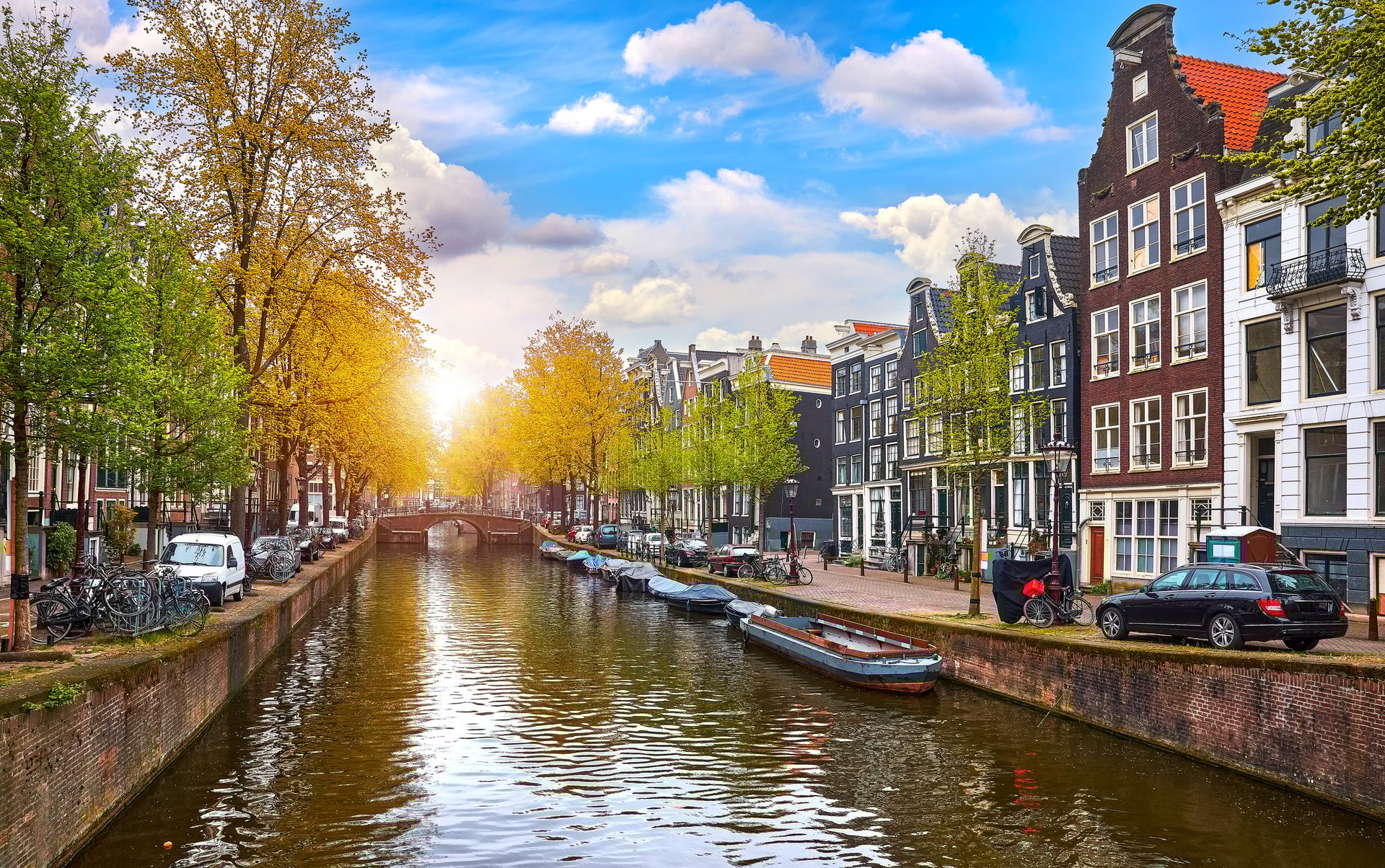 Amsterdam, Netherlands. Panorama of famous dancing houses on river Amstel