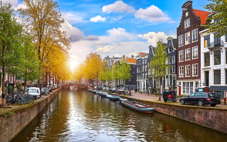 Amsterdam, Netherlands. Panorama of famous dancing houses